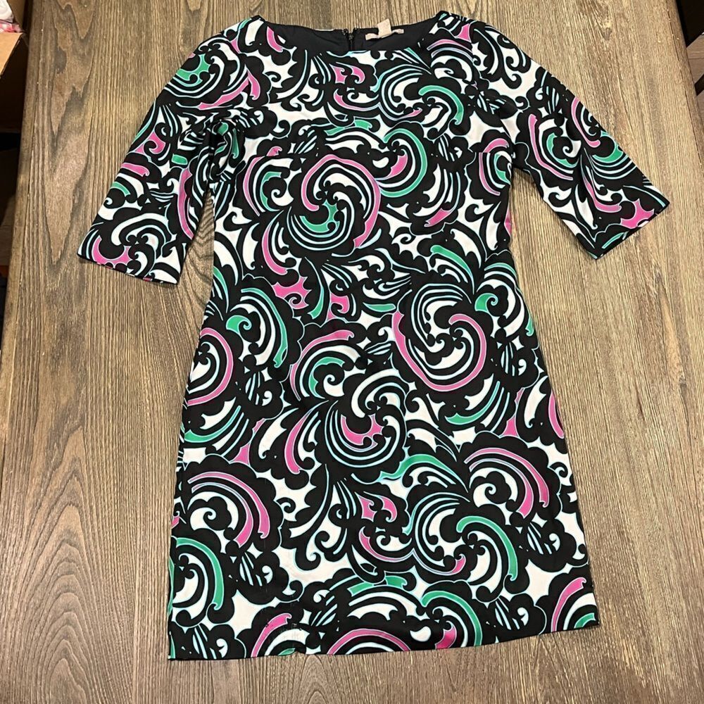 Banana Republic Sheath Dress Scroll Print 3/4 Sleeve Zip Up Black Multi Size 6